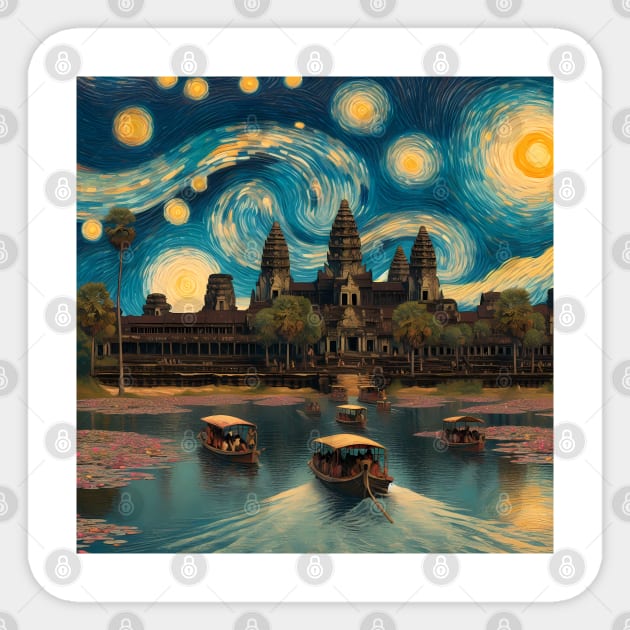 Angkor Wat, Cambodia, in the style of Vincent van Gogh's Starry Night Sticker by CreativeSparkzz